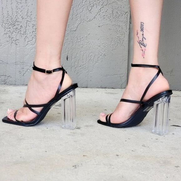Women Black Square Toe Clear Block High Heel Sandals - Picture 1 of 4